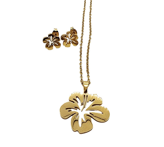 Gold necklace and earrings with floral designs on a white background