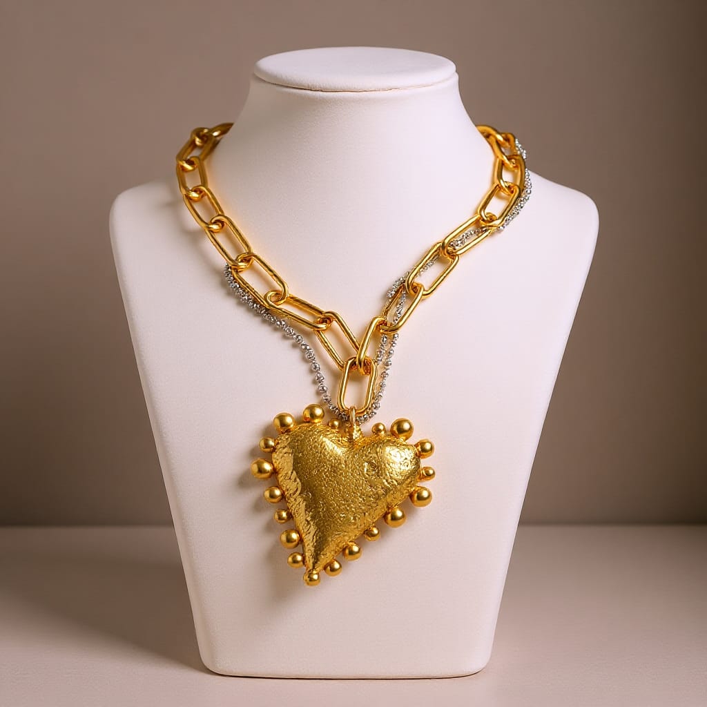 Gold necklace with a heart pendant on a mannequin bust against a neutral background