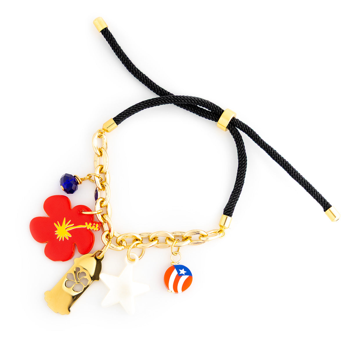 Bracelet with red flower charm, gold chain, and Puerto Rican flag charm on a white background