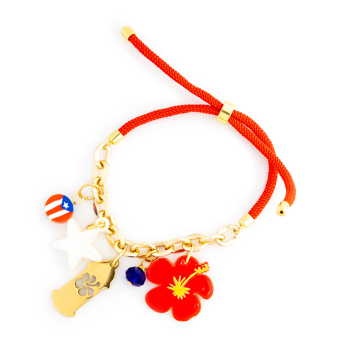 Bracelet with red cord, gold charm, and red flower charm on a white background